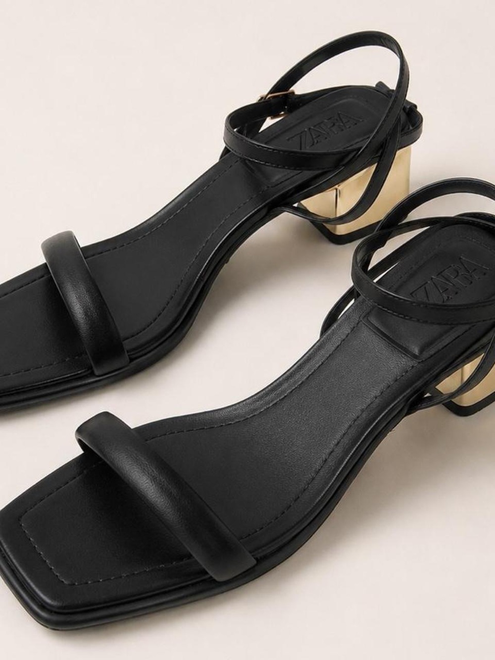 Zara Black Sandals with Gold Accent Block Heel
